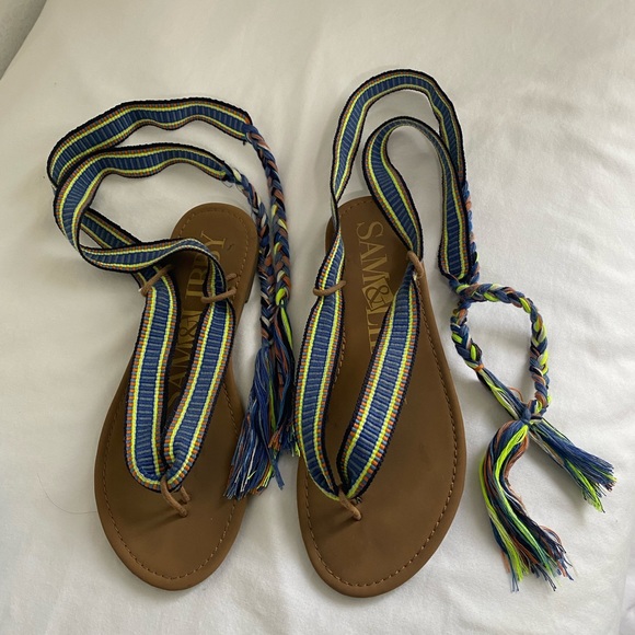 SAM&LIBBY Minimalist Multicolor Braided Wrap Strap Gladiator Flat Sandals Sz 7.5 - Picture 3 of 11